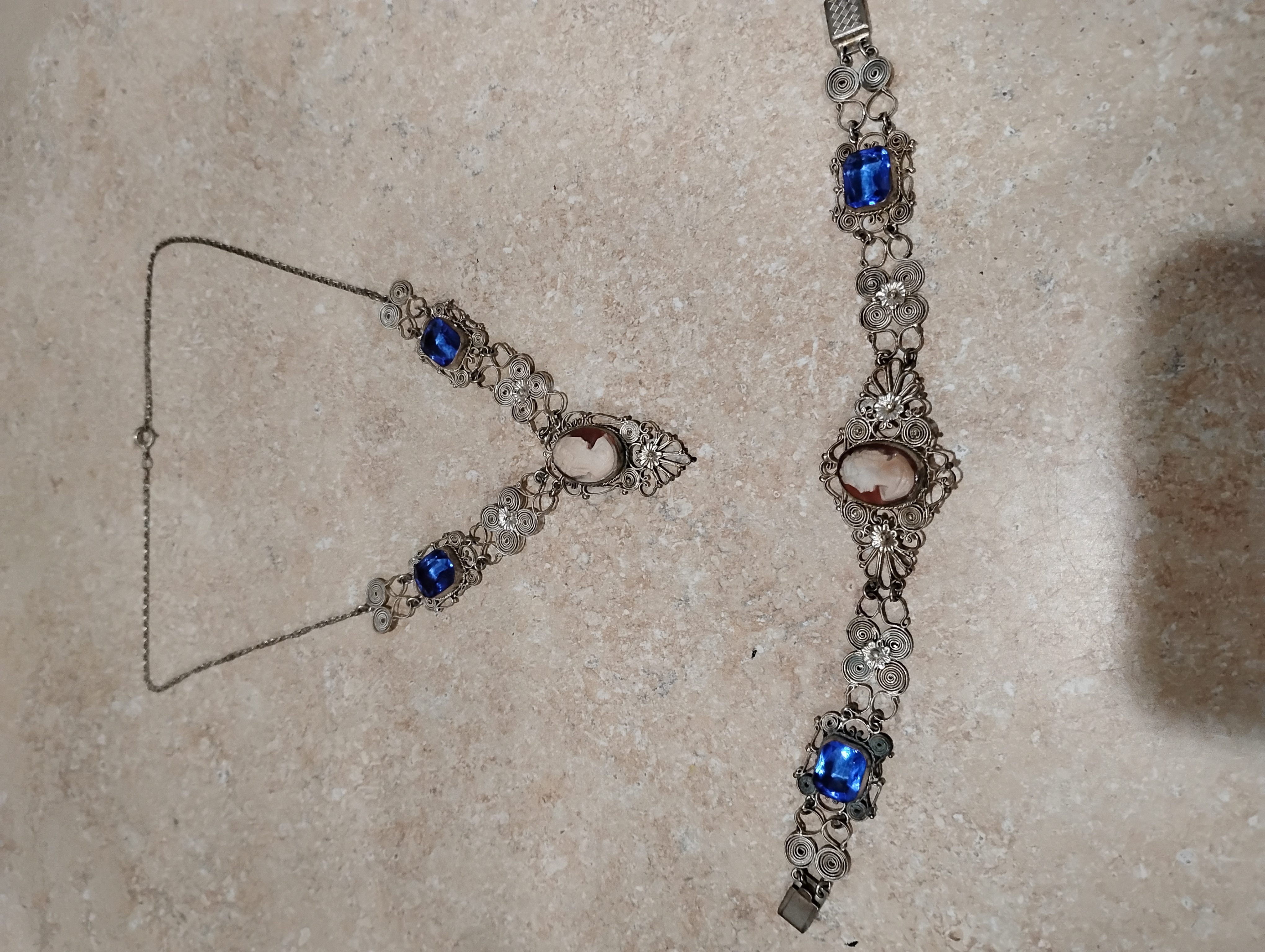 800 Silver European Filigree Cameo with Blue Glass Stones Necklace and Bracelet